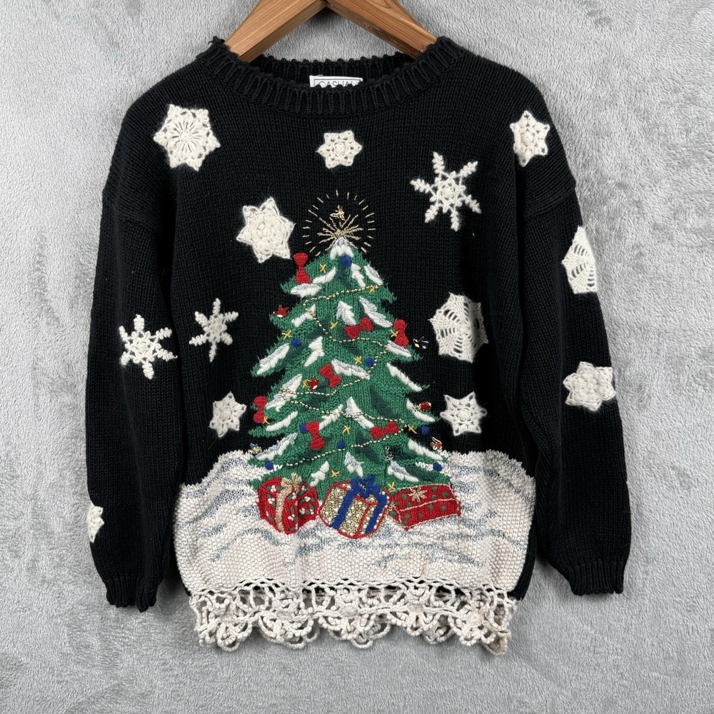 Casual Corner Vintage Christmas Tree Sweater Womens S Black Snowflake Crochet